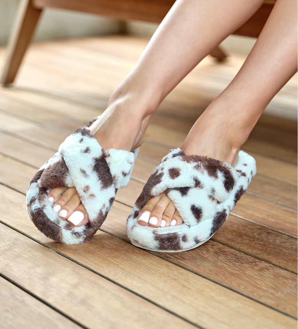 Kadın Kahve Desenli Peluş Çapraz Ev Terliği