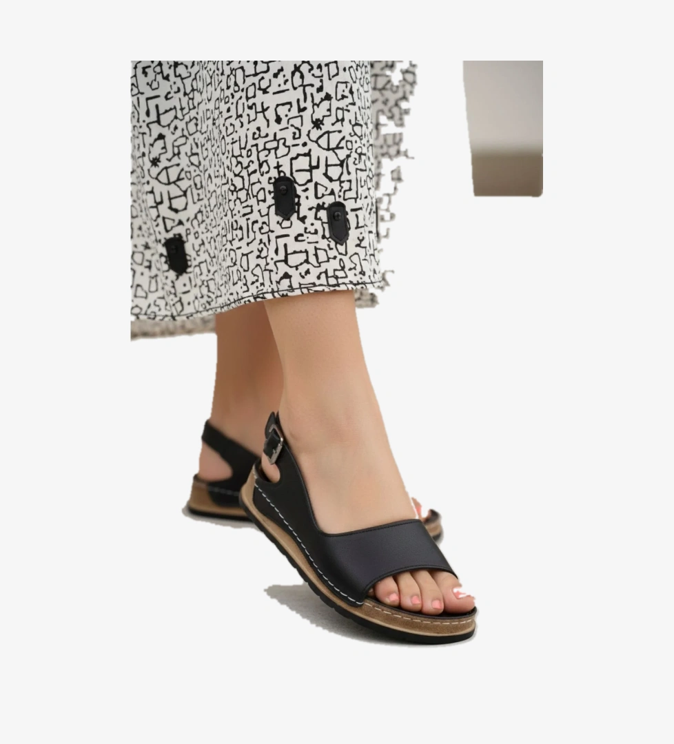 Hakiki Deri Tek Bant Tokalı Arka Bantlı Rahat Düz Taban Kadın Sandalet NAPA-306 - Görsel 1