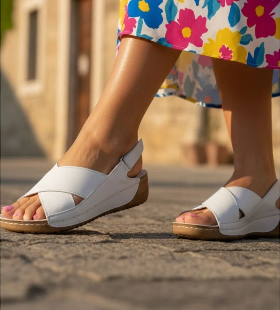 Hakiki Deri Çapraz Bantlı Arkadan Ayarlı Rahat Taban Dolgu Topuk Kadın Sandalet NAPA-311 - Görsel 1