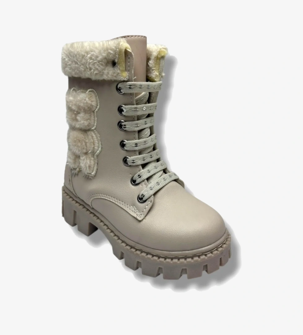 Labubu 273-26 Yağlı Deri Ayıcık Figürlü İçi Kürklü Fermuarlı Bağcıklı Kız Çocuk Bot 28-35