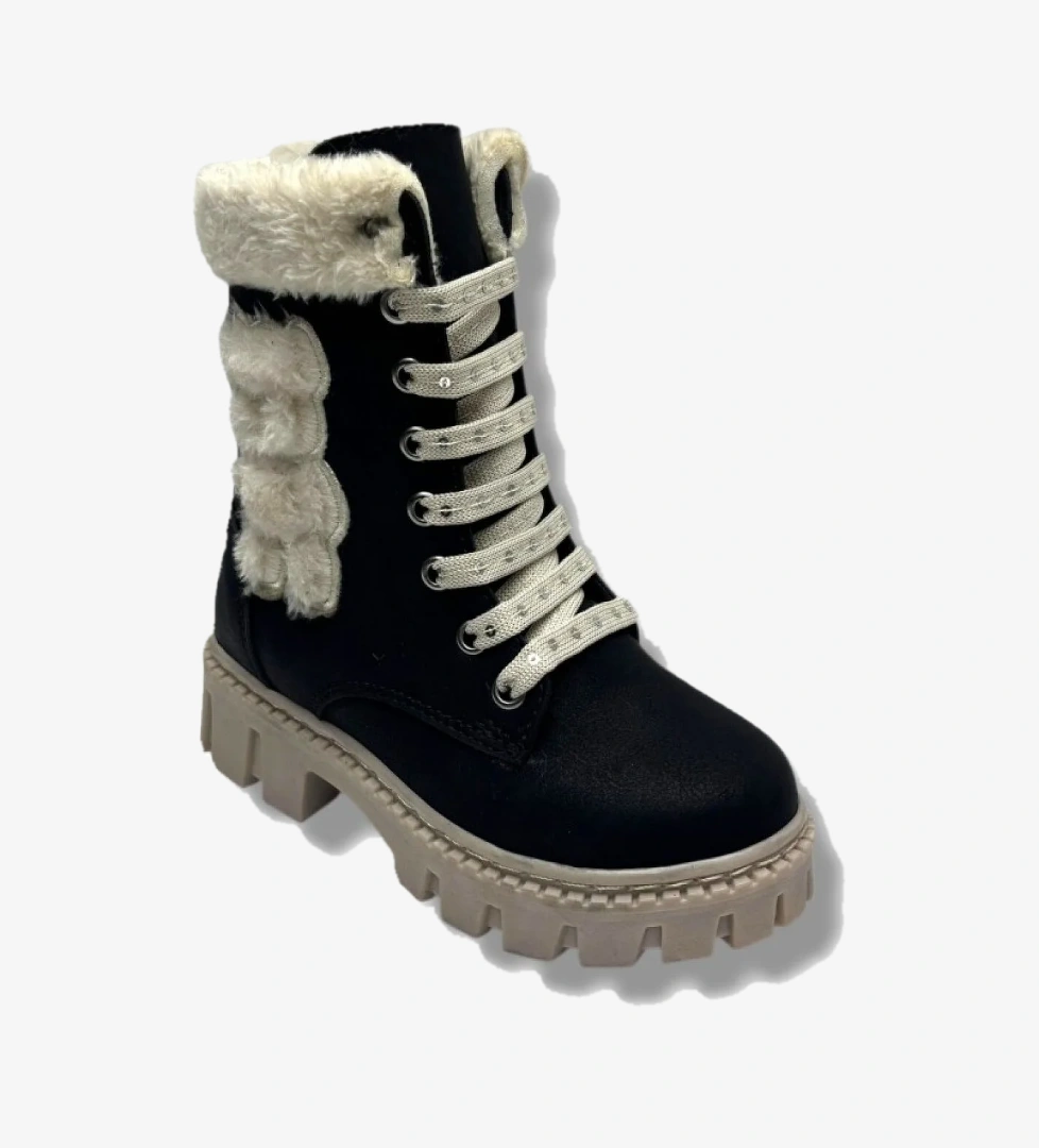 Cakgo Cakgo Siyah Labubu 273-26 Yağlı Deri Ayıcık Figürlü İçi Kürklü Fermuarlı Bağcıklı Kız Çocuk Bot 28-35 | Flo Siyah - 1. görsel