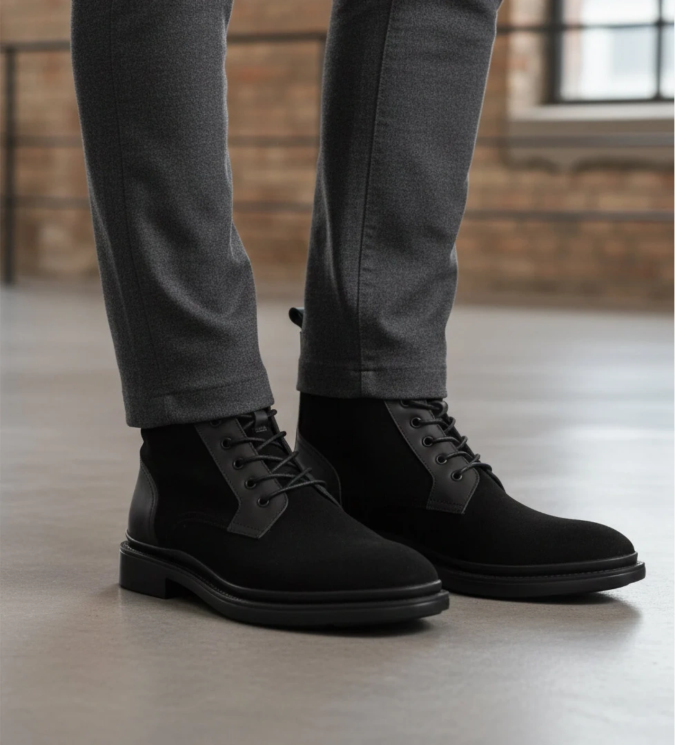 Po 2439 Hakiki Deri Bağcıklı Siyah Süet Erkek Bot - Görsel 1