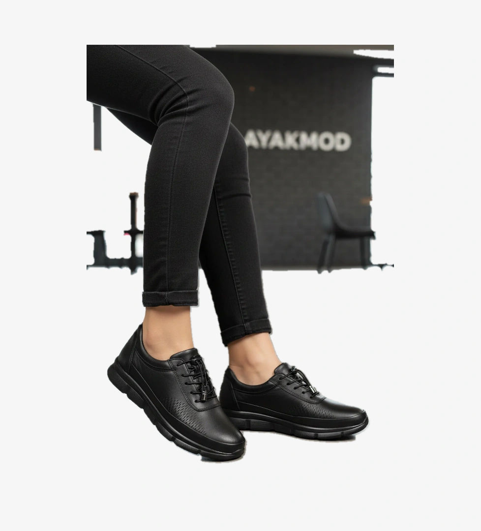 695 Hakiki Deri Ortopedik Siyah Kadın Günlük Ayakkabı - Görsel 1