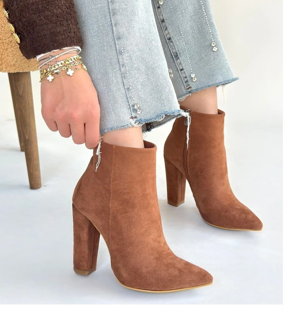 Vizon Süet Fermuarlı Kadın Topuklu Bot