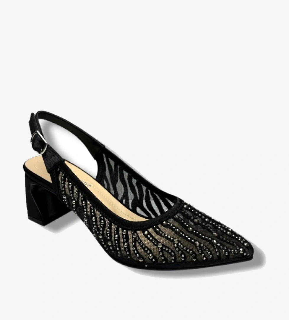 Desire Shose Desire Shose Siyah Desire 343-26 Saten Simli Taşlı Kısa Kalın Topuk Kadın Abiye Ayakkabı 6,5cm | Flo Siyah - 1. görsel