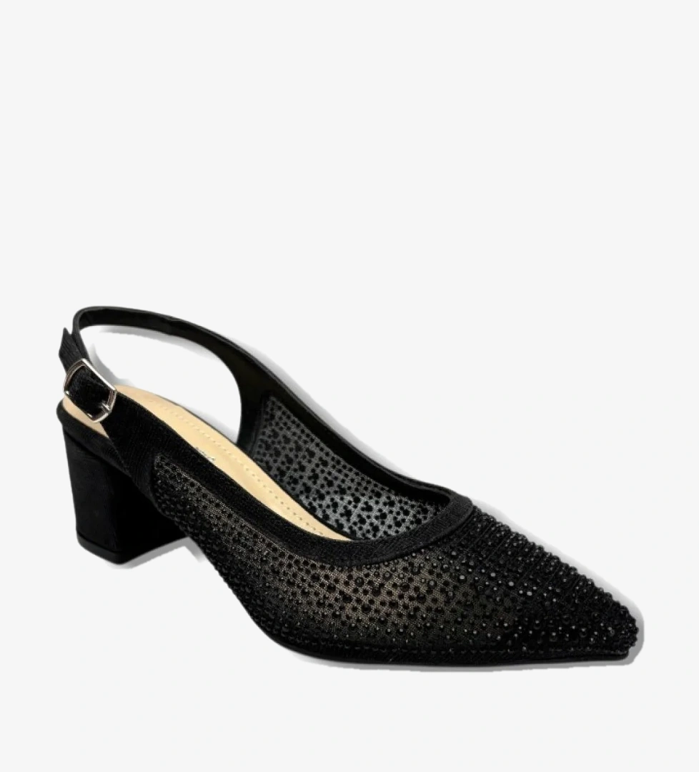 Desire Shose Desire 356-26 Pullu Siimli Saten Fileli Taşlı Kare Topuk Kadın Ayakkabı 6cm