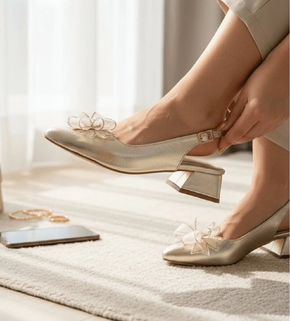 Divolya Divolya Altın Feral Fiyonklu Gold (4 cm Topuk Boyu ) Sivri Burun Topuklu Babet Ayakkabı Flo'da! Altın - 1. görsel