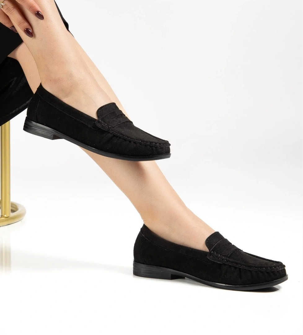 Tonny Black Kadın Siyah Süet Termo Kaymaz Taban Loafer Oxford Kadın Ayakkabı
