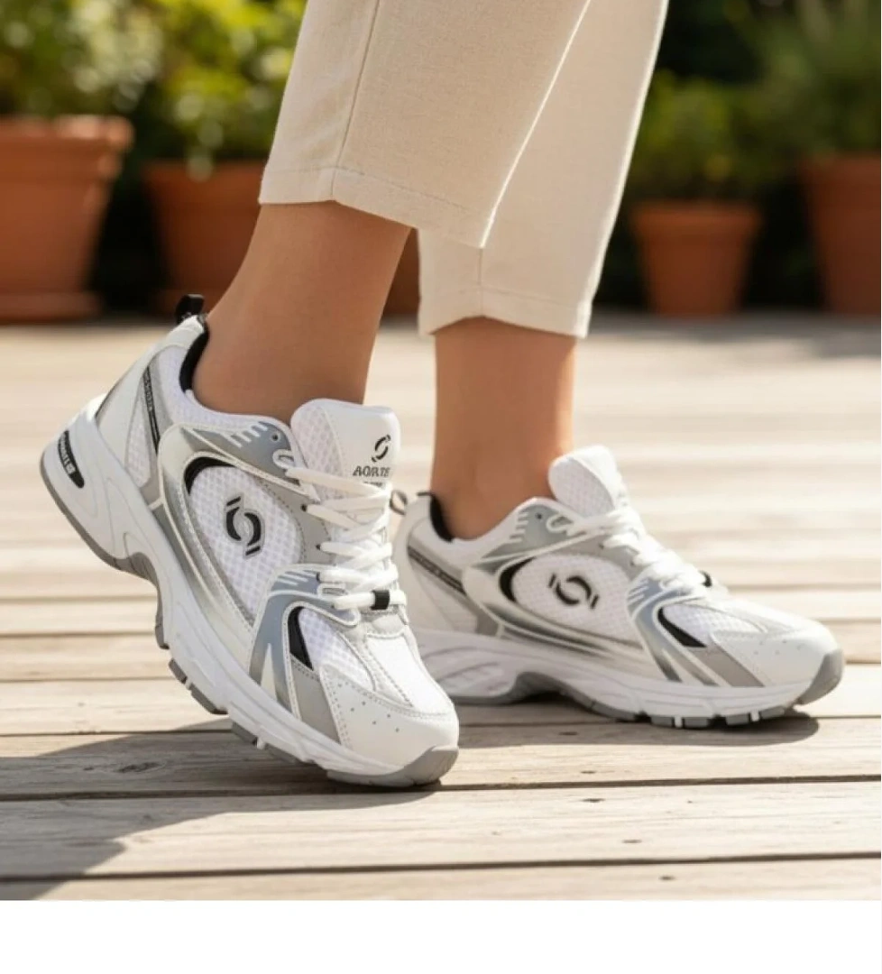 Ellaboni 530 Kadın Beyaz Gümüş Ortopedik Triko Yürüyüş Spor Ayakkabısı, Günlük Sneaker