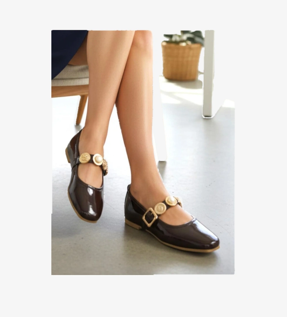 Ellaboni Beyaz Ellaboni Mary Jane Kadın Parlak Rugan Babet Şık Tuğra Tokalı Ortopedik Taban Günlük Ev Ofis Ayakkabısı Babet