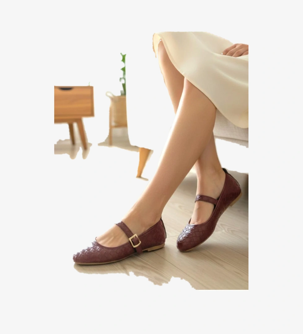 Ellaboni Kahverengi Ellaboni Mary Jane Kadın Örgü Desenli Babet Ortopedik Taban Ev İş Ofis Ayakkabısı Babet