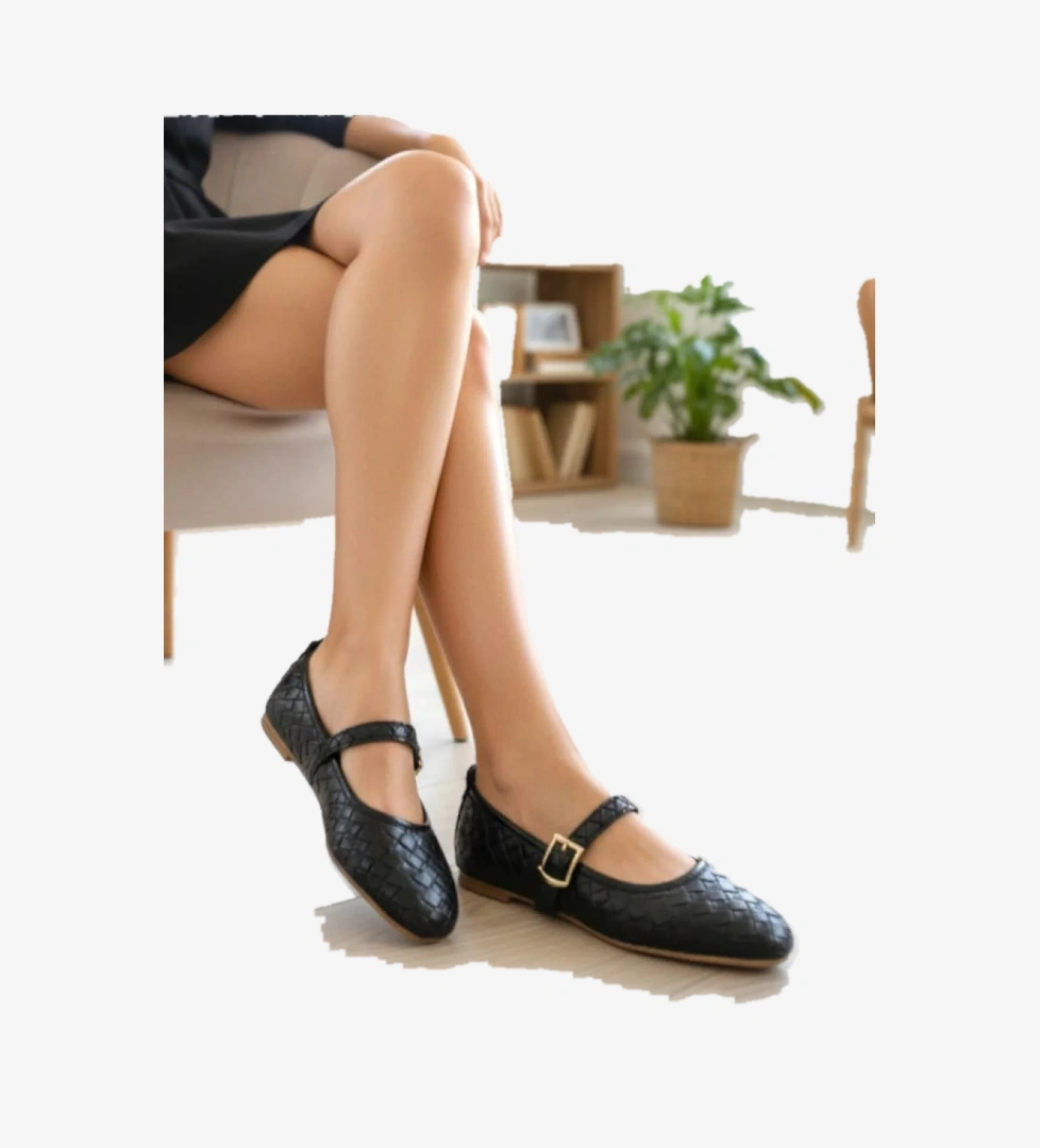 Ellaboni Kahverengi Ellaboni Mary Jane Kadın Örgü Desenli Babet Ortopedik Taban Ev İş Ofis Ayakkabısı Babet