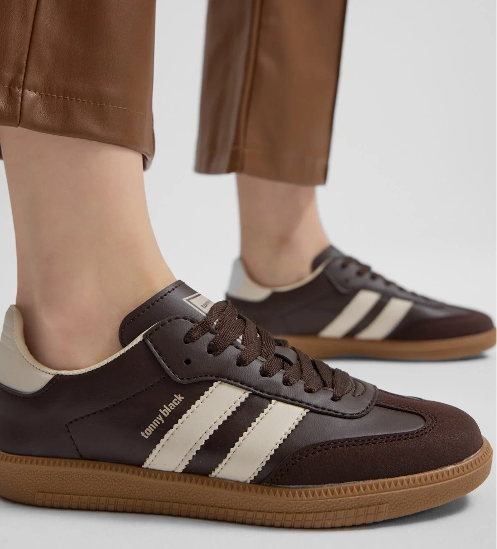 Tonny Black Unisex Kahve Bej Termo Taban Yanı Şeritli Bağcıklı Spor Ayakkabı