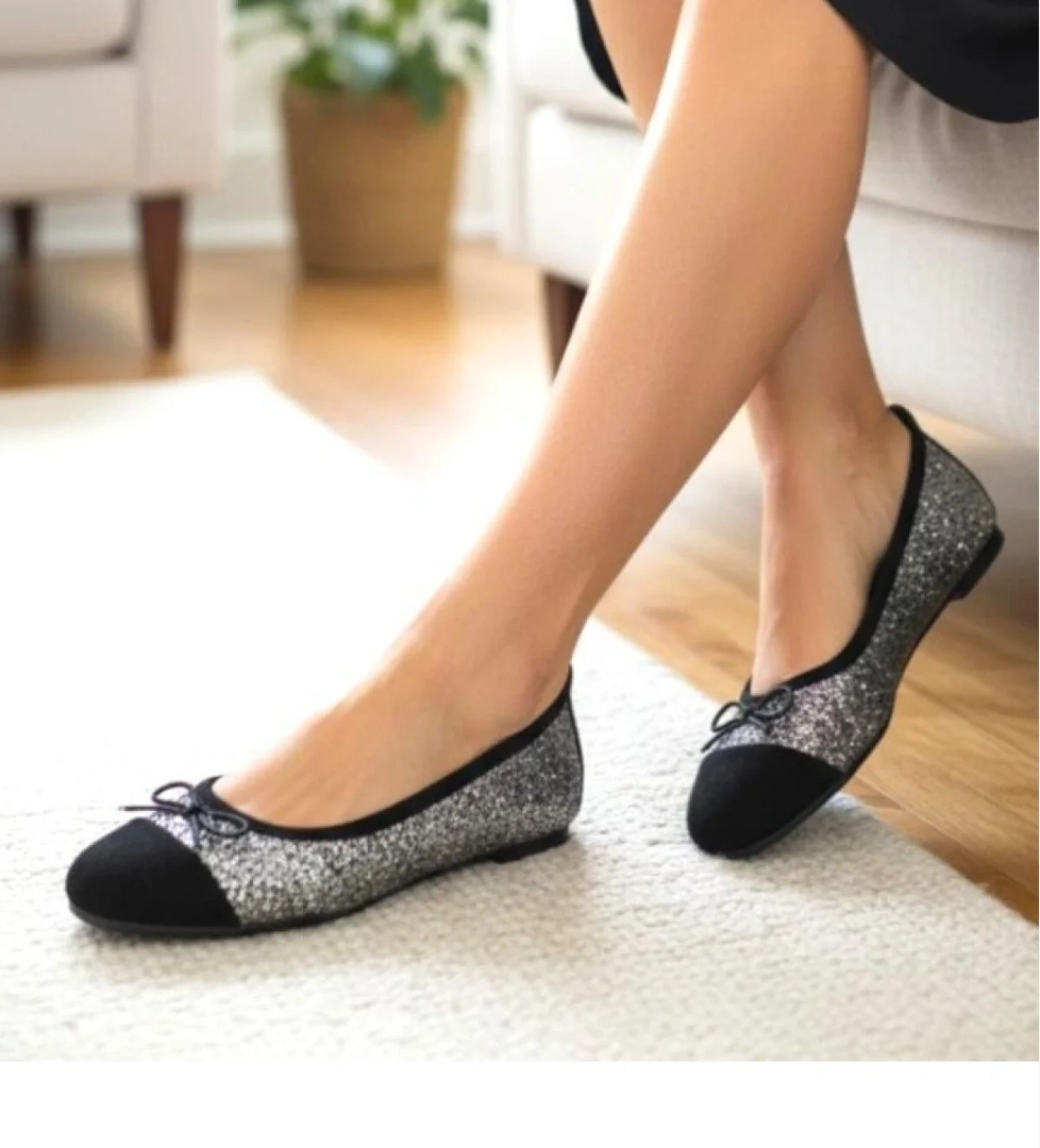 Ellaboni Siyah Ellaboni Mary Jane Kadın Simli Babet Payetli Fiyonklu Şık Günlük Babet Ev Ayakkabısı