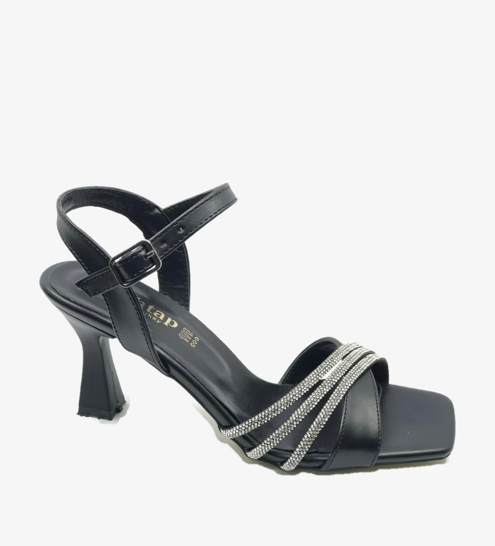Mehtap Siyah Mehtap Üç Şerit Taşlı 8 cm Topuklu Kadın Abiye Ayakkabı