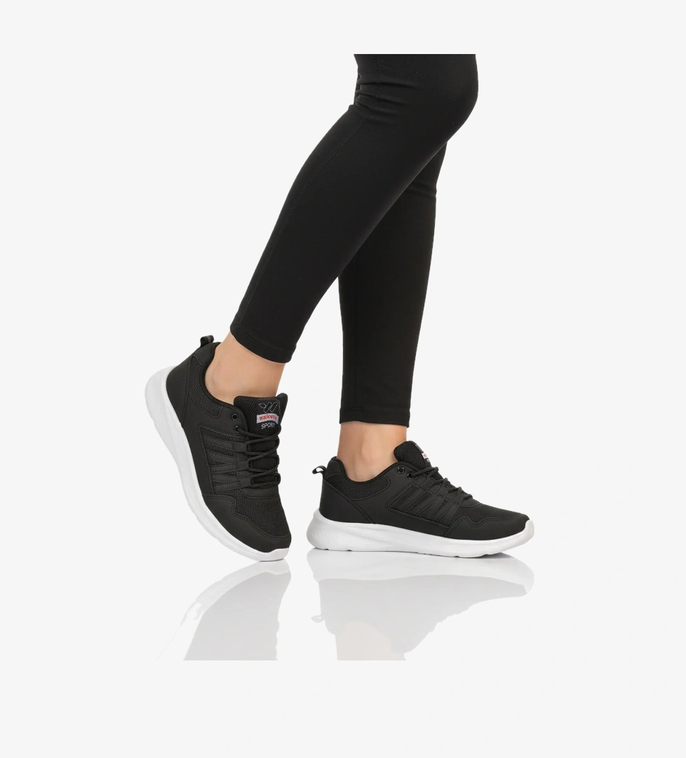 Walkway Siyah Beyaz Fileli Hafif Bağcıklı Unisex Spor Ayakkabı 2029 G