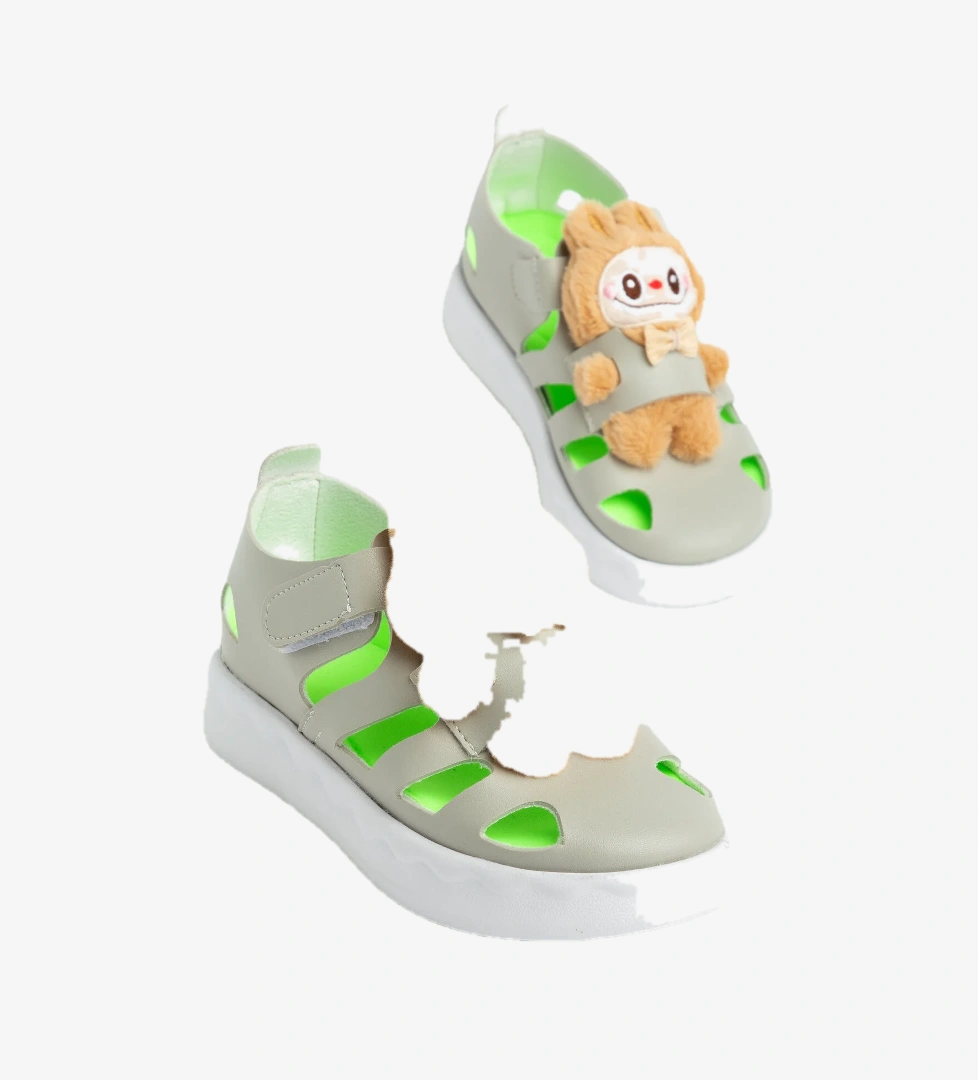 Tonny Black Çocuk Unisex Gri Hafif Taban Ayıcık Detaylı Cırtlı Sandalet