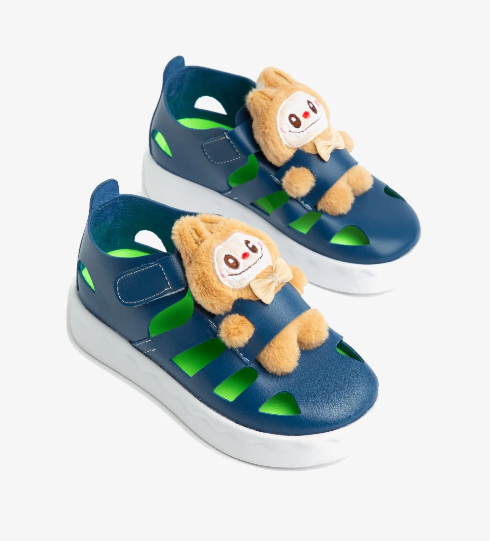 Tonny Black Çocuk Unisex Lacivert Hafif Taban Ayıcık Detaylı Cırtlı Sandalet