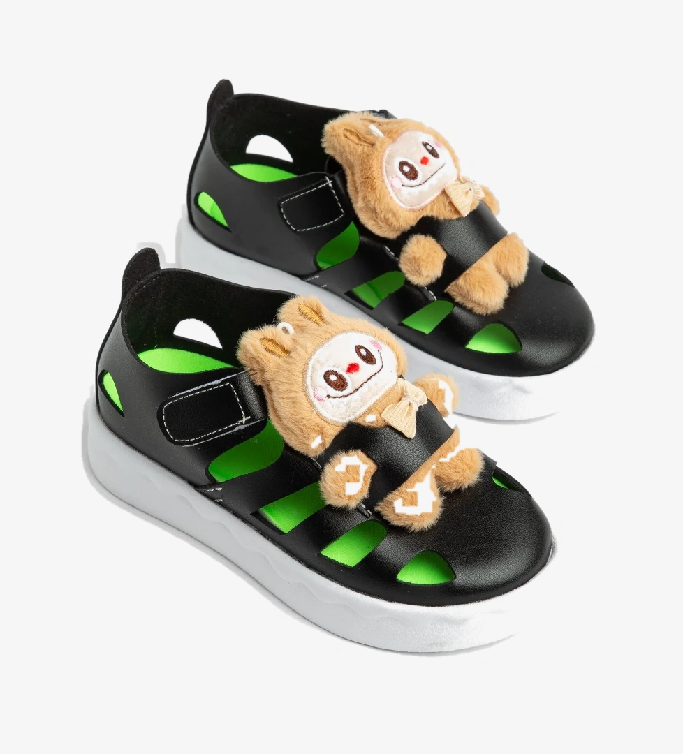 Tonny Black Çocuk Unisex Siyah Hafif Taban Ayıcık Detaylı Cırtlı Sandalet