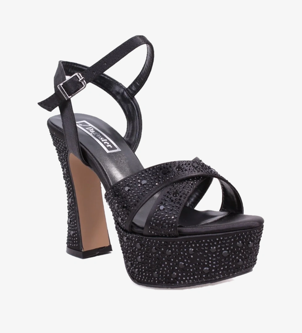 Dagoster DZA07-771900 Siyah Saten Çapraz Bant 12 cm Kalın Topuklu Platform Kadın Ayakkabı