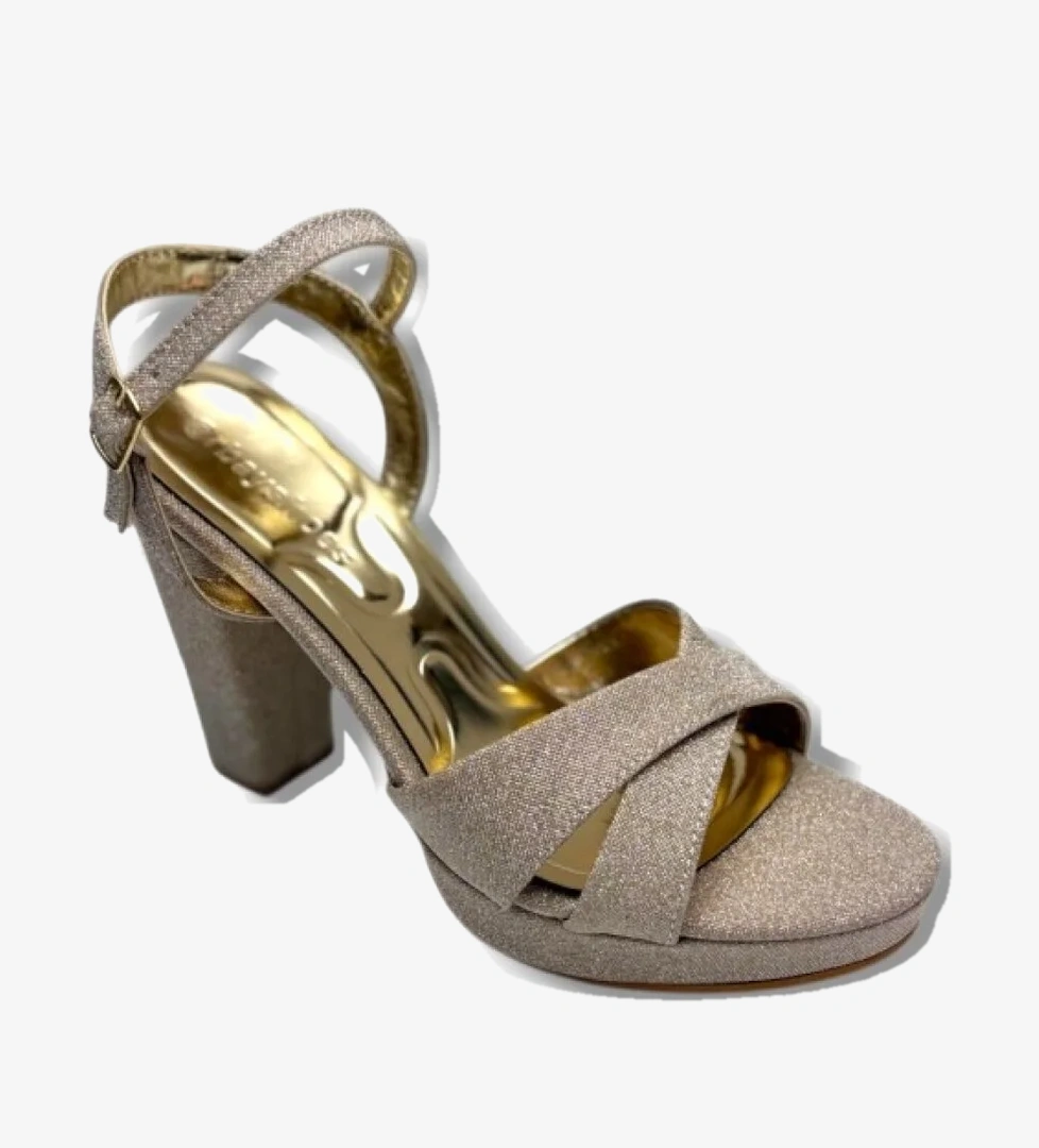 ERBAY 308-26 Simli Saten Çapraz Bant Kalın Topuk Kadın Sandalet(11cm)