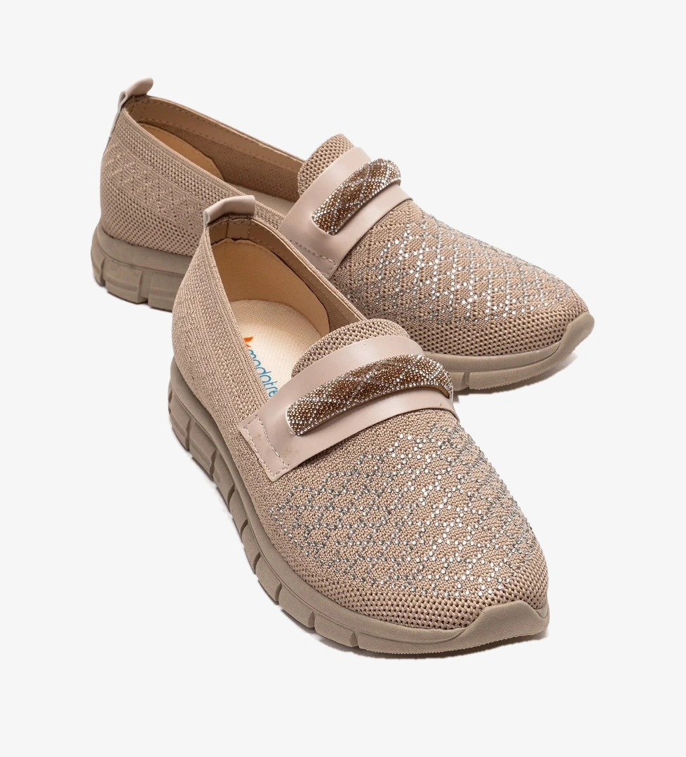 Ccway Kadın Triko Baklava Taşlı Toka Loafer Ayakkabı NUDE