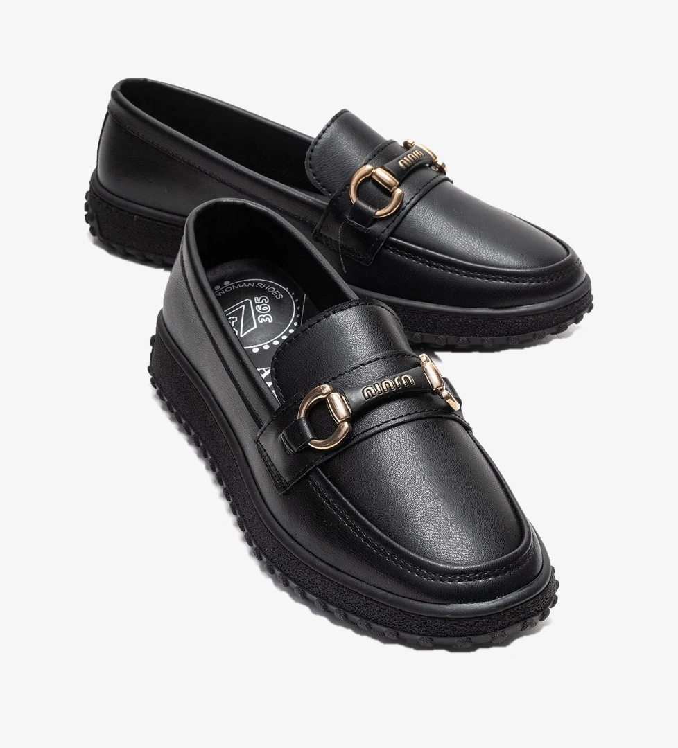 Ccway Kaydırmaz Kadın Tokalı Loafer Ayakkabı SİYAH CİLT
