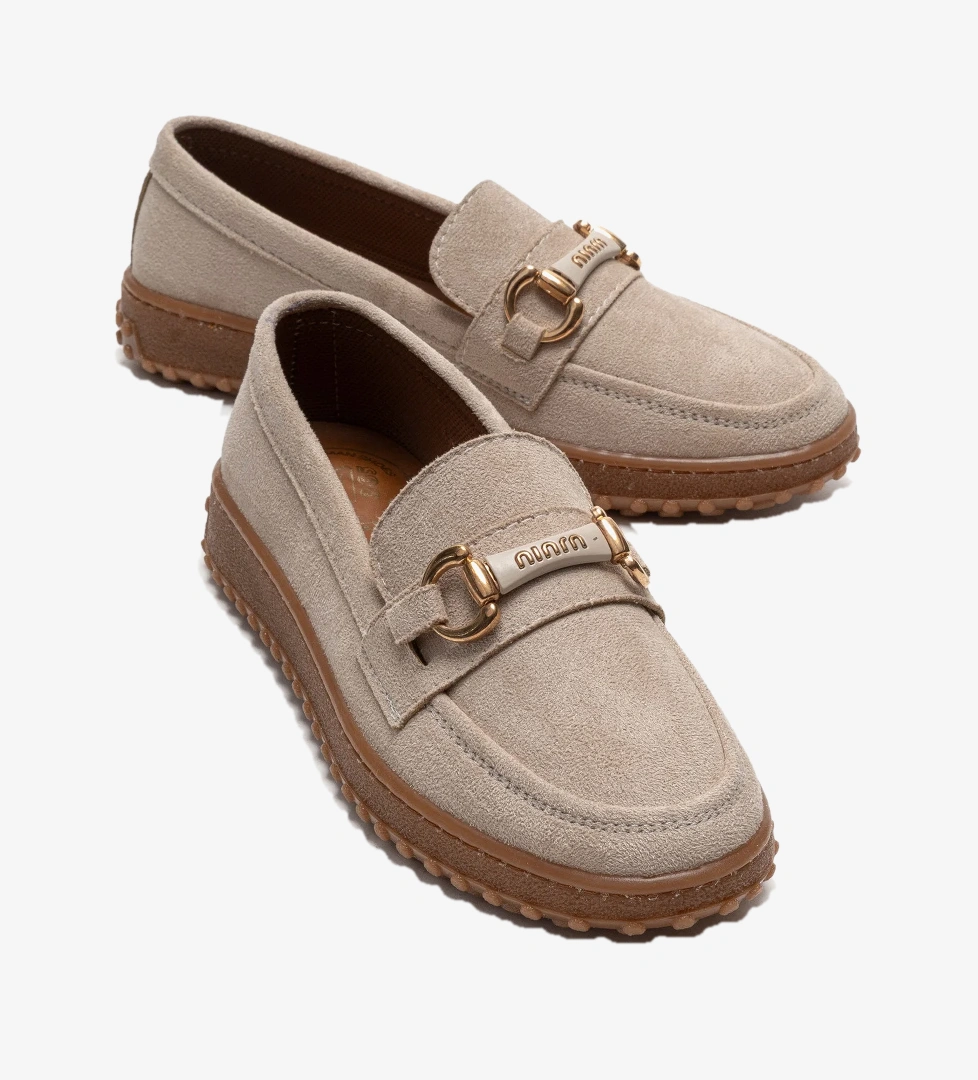 Ccway Kaydırmaz Kadın Tokalı Loafer Ayakkabı BEJ SÜET