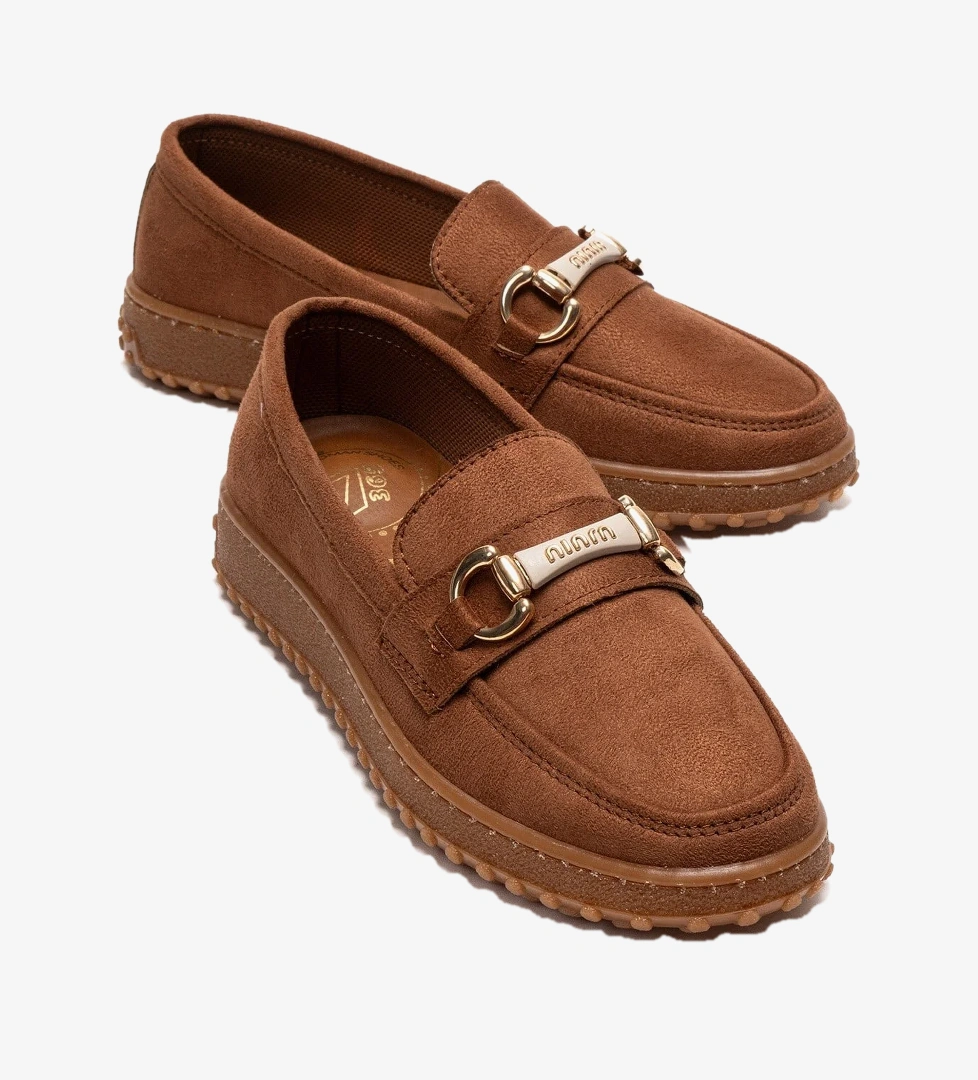 Ccway Kaydırmaz Kadın Tokalı Loafer Ayakkabı TABA SÜET