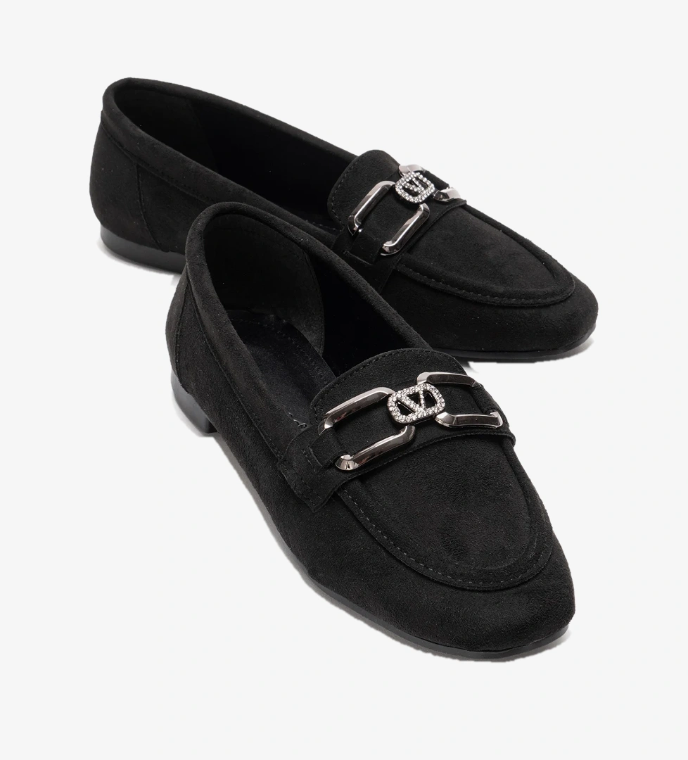 Ccway Kadın V Taşlı Tokalı Loafer Ayakkabı SİYAH SÜET