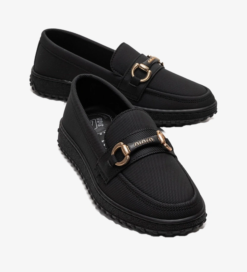 Ccway Kaydırmaz Kadın Tokalı Loafer Ayakkabı SİYAH KOT