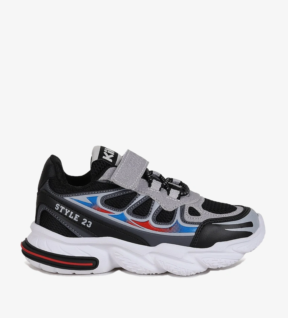 Kiko Kids Style Faylon Taban Günlük Cırtlı Erkek Çocuk Spor Ayakkabı Siyah - Füme - Saks