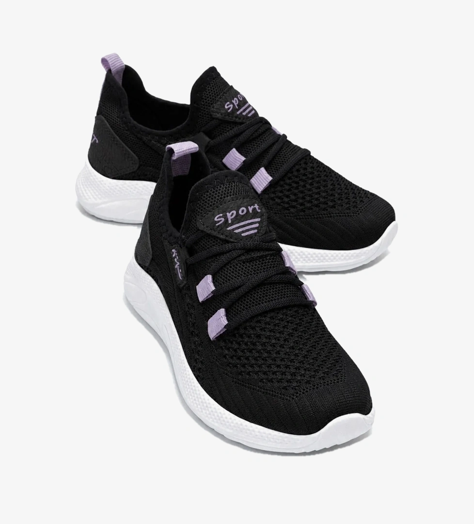 Ccway Yan Çizgili Triko Çocuk Spor Ayakkabı SİYAH LİLA BEYAZ