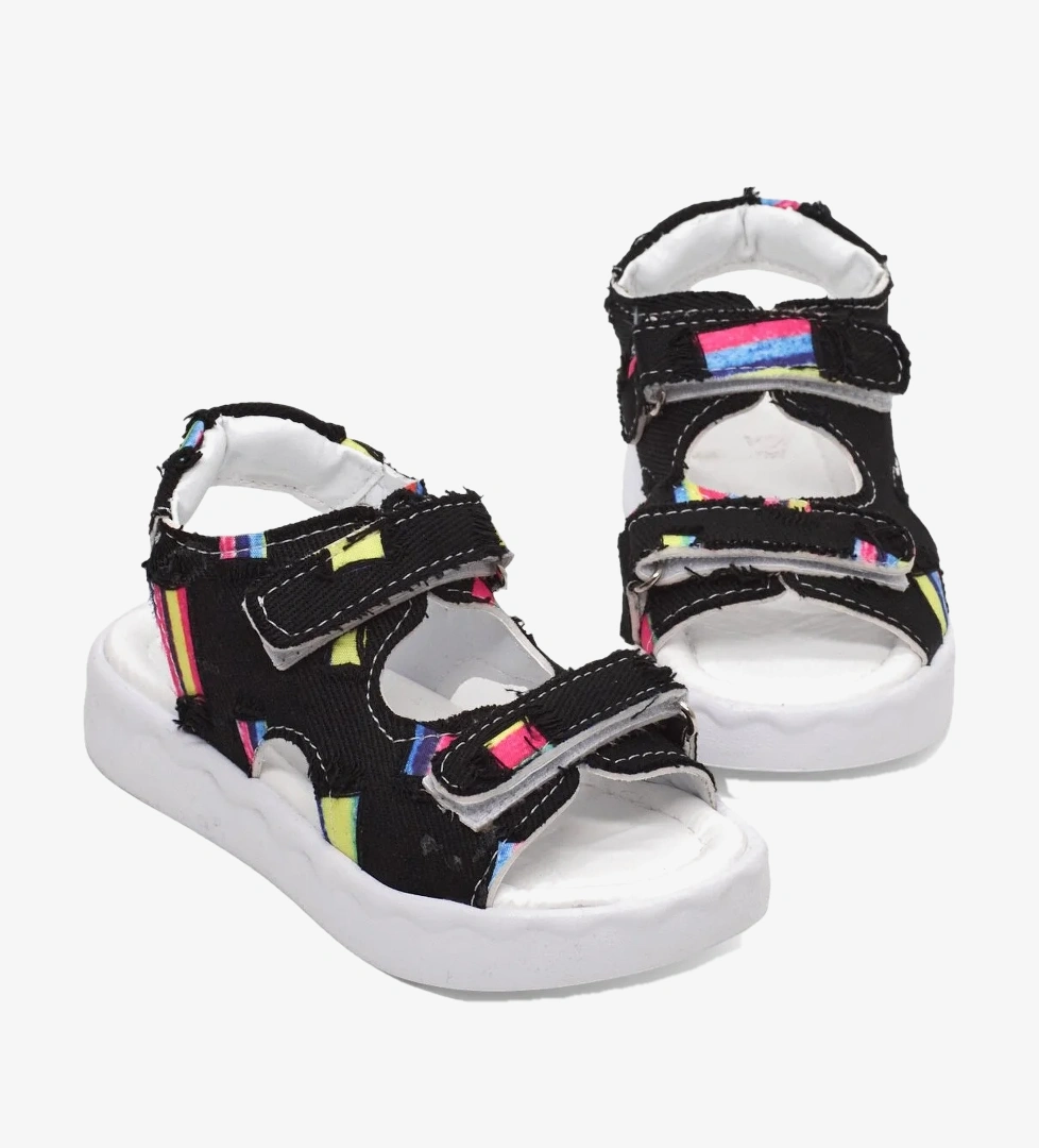 Tonny Black Çocuk Unisex Siyah Rahat Kalıp Renk Desenli Çift Cırtlı Sandalet