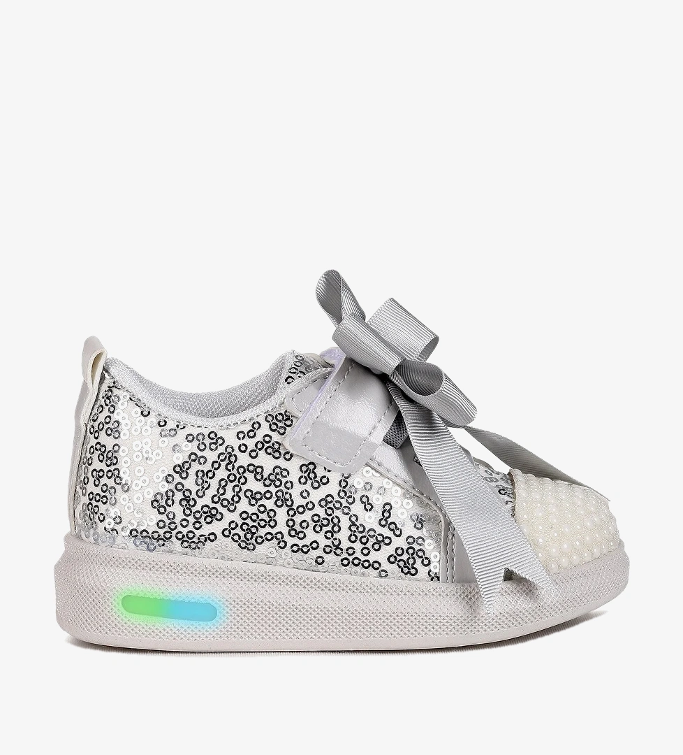 Kiko Kids Janes Işıklı Cırtlı Fiyonk Kız Çocuk Spor Ayakkabı Gümüş