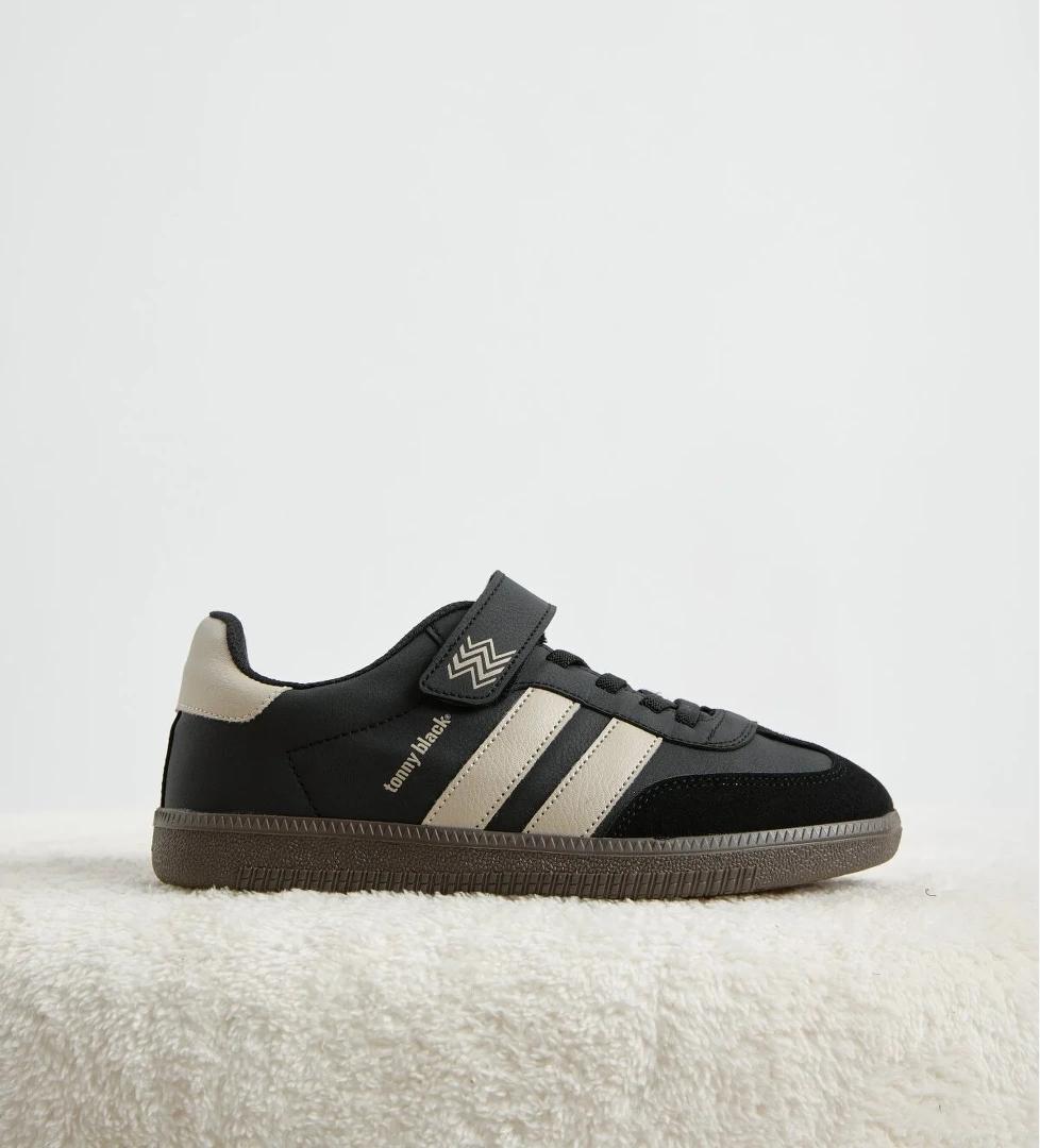 Tonny Black Çocuk Unisex Siyah Bej Termo Taban Yanı Şeritli Cırtlı Bağcıklı Sneaker