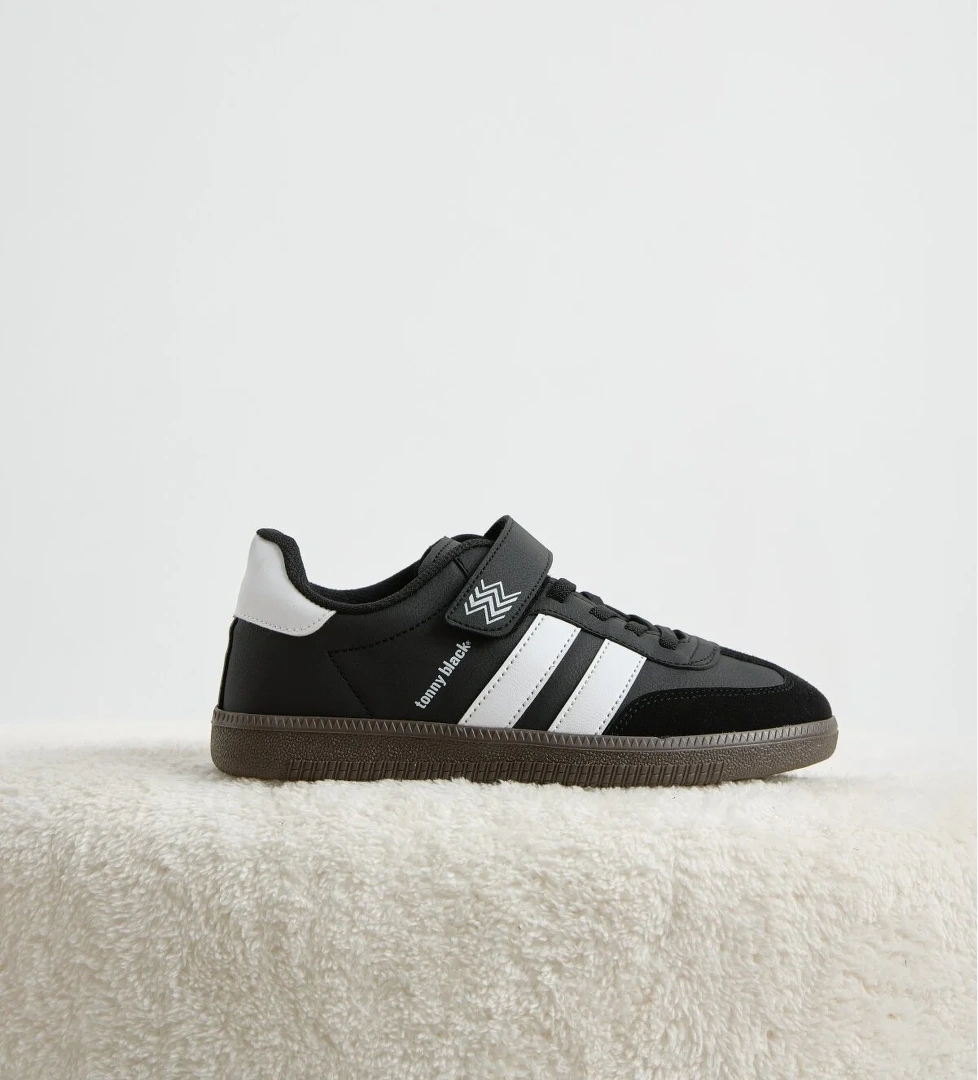 Tonny Black Çocuk Unisex Siyah Beyaz Termo Taban Yanı Şeritli Cırtlı Bağcıklı Sneaker