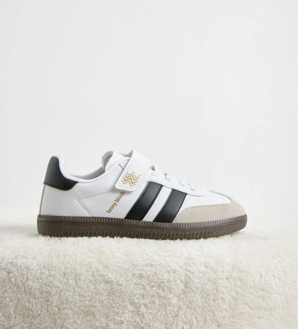 Tonny Black Çocuk Unisex Beyaz Siyah Termo Taban Yanı Şeritli Cırtlı Bağcıklı Sneaker