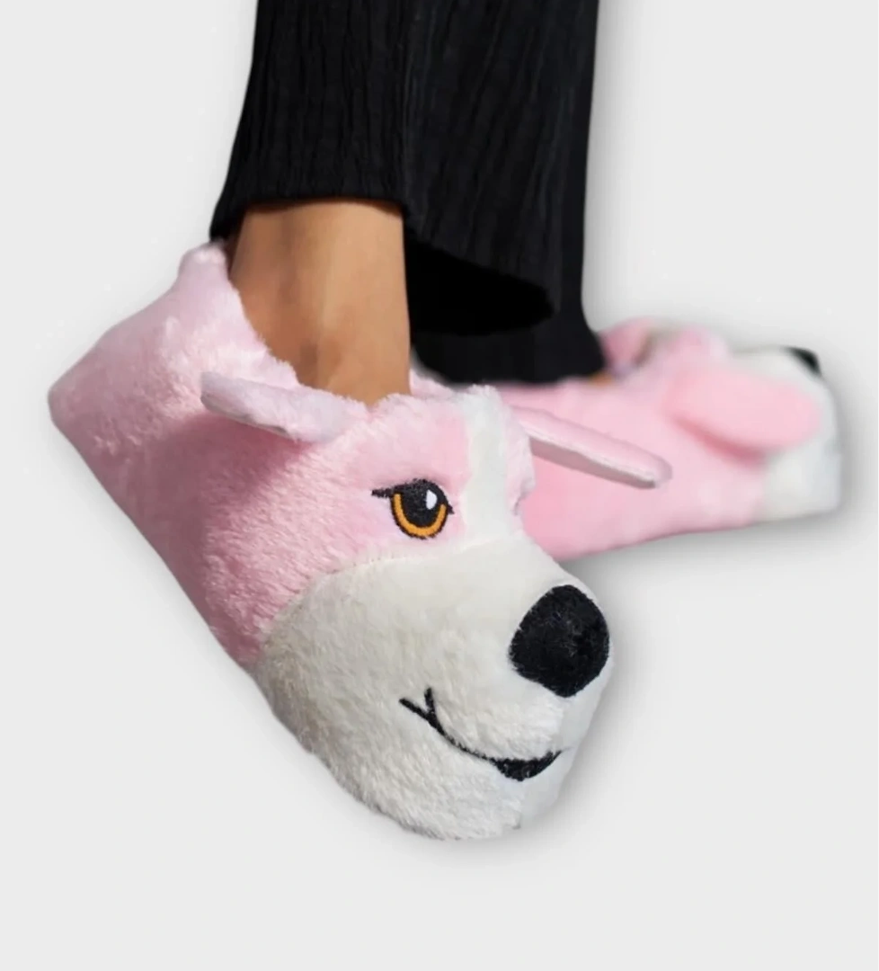 Liger Unisex Sevimli Köpek Figürlü Kaymaz ve Ses Yapmaz Taban Ev Panduf PUDRA
