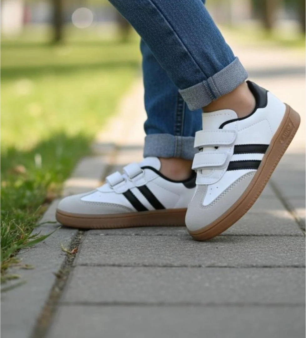 Ellaboni Günlük Unisex Çocuk Şeritli Siyah Beyaz Işıklı Sneaker Cırtlı Hafif Rahat Spor Ayakkabı
