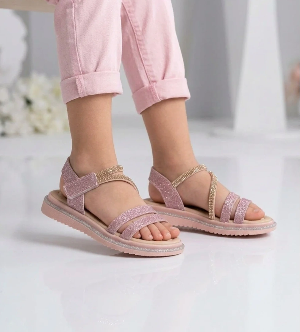 Arzen Pudra Simli Kız Çocuk Düz Sandalet