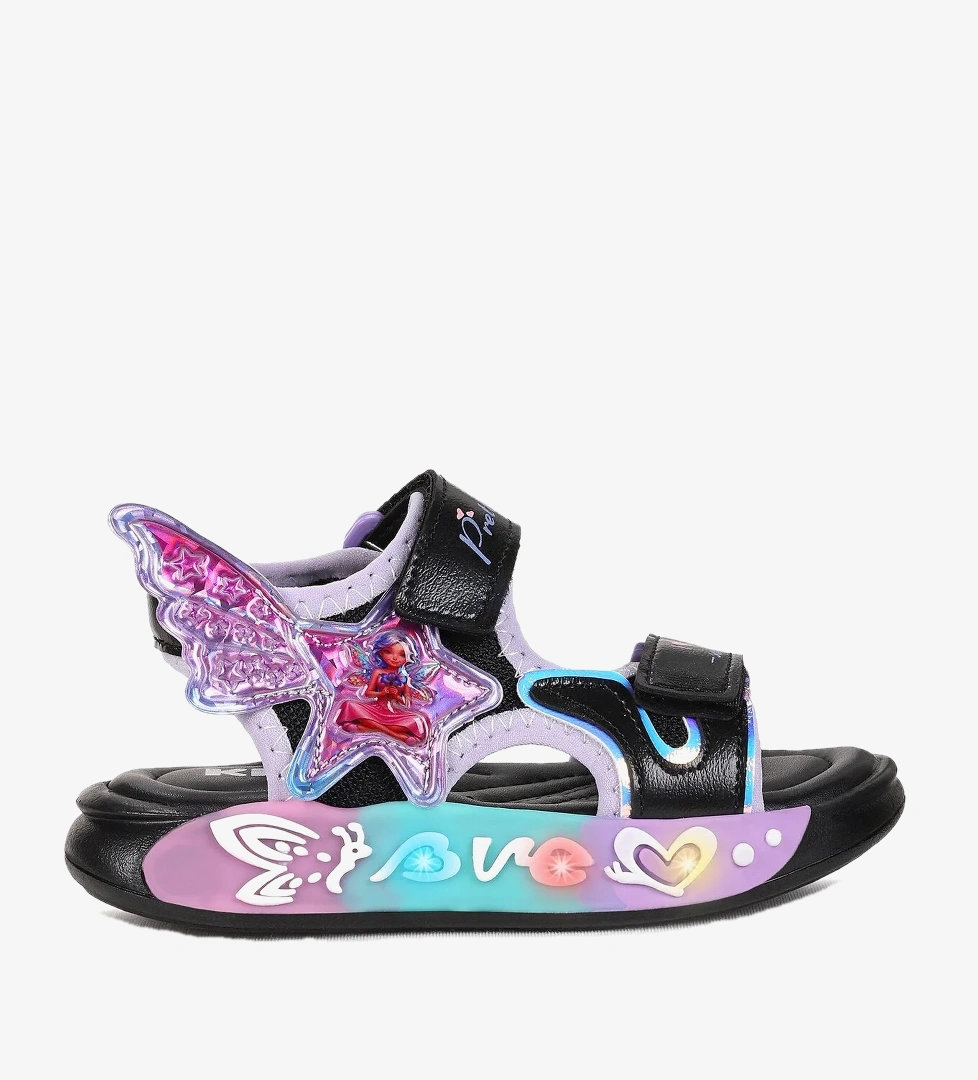 Kiko Kids Lug Cırtlı Işıklı Kız Çocuk Sandalet Siyah - Lila