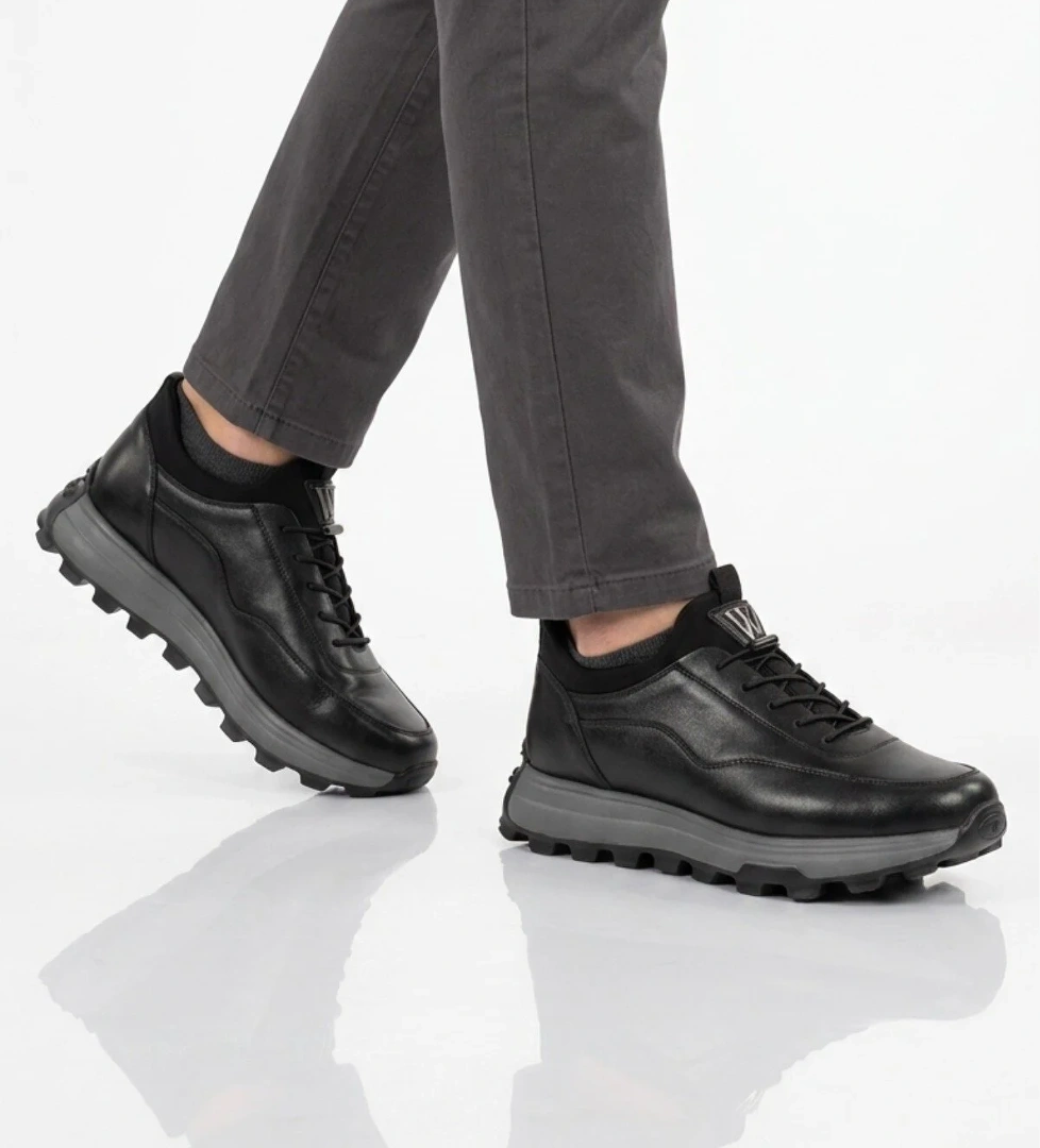 Voyager Siyah Premium Hakiki Deri Erkek Casual Ayakkabı Memory Kalın Tabanlı Sneaker M084-2 M