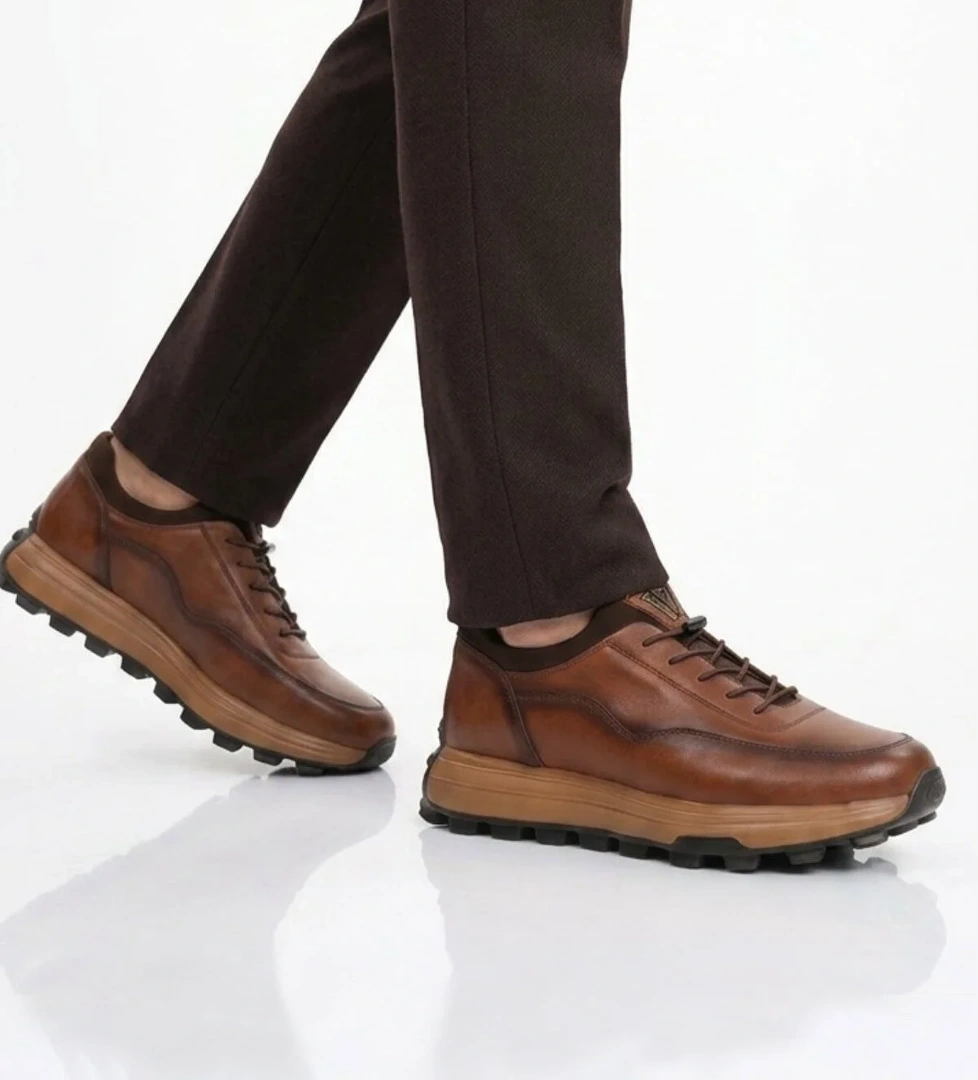 Voyager Taba Premium Hakiki Deri Erkek Casual Ayakkabı Memory Kalın Tabanlı Sneaker M084-2 M