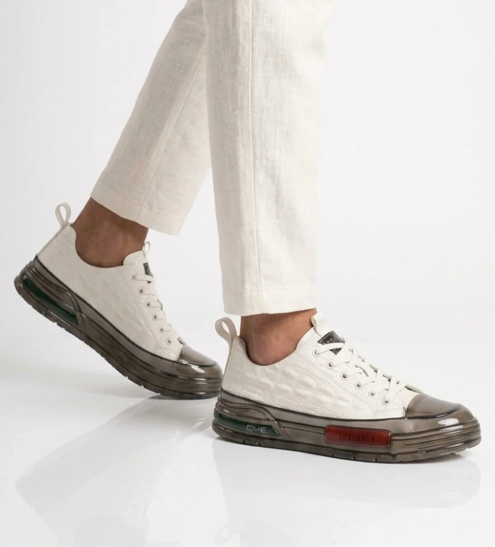 Voyager Beyaz Hakiki Deri Kroko Desenli Kalın Taban Erkek Casual Ayakkabı Sneaker E058 M