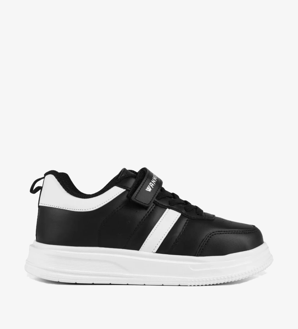Tonny Black Çocuk Unisex Siyah Beyaz Rahat Kalıp Yanı Cizgili Cırtlı Sneaker