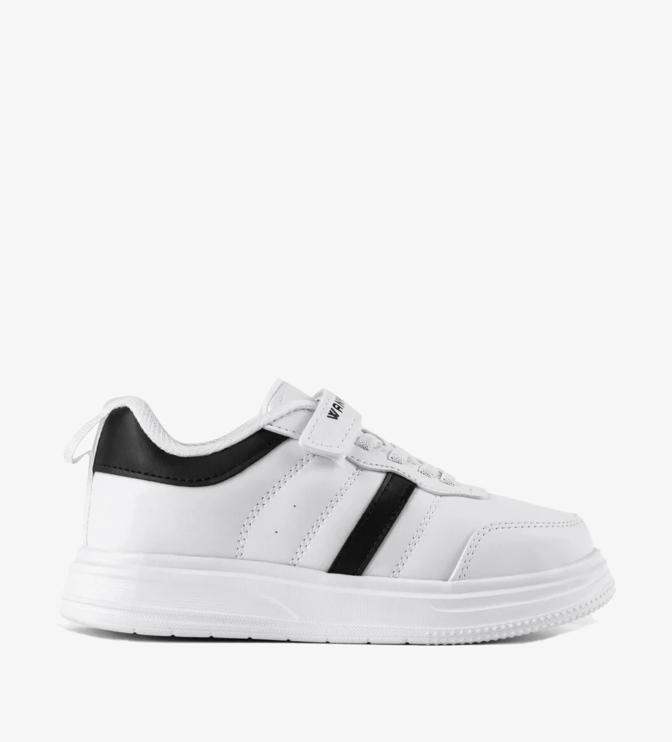 Tonny Black Çocuk Unisex Beyaz Siyah Rahat Kalıp Yanı Cizgili Cırtlı Sneaker