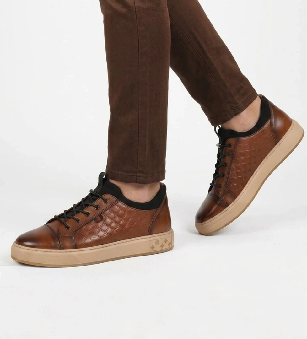 Voyager Taba Hakiki Deri Kroko Desenli Rahat Şık Erkek Casual Ayakkabı Sneaker 6424-1 M