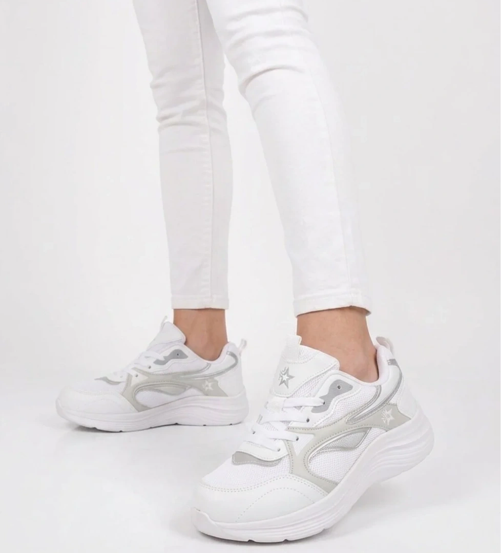 Walkway Beyaz-Gri Fileli Bağcıklı Nefes Alan Rahat Tabanlı Unisex Yürüyüş ve Spor Ayakkabı 26106 G