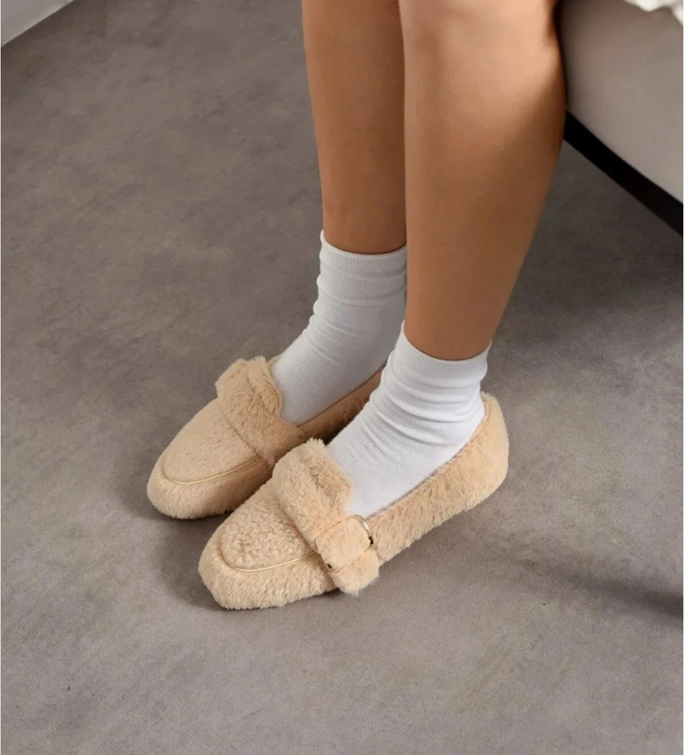 Slipcat Yumuşak Peluş Tokalı Kadın Ev Babeti Ses Yapmaz Hafif Taban Panduf Ev Babeti